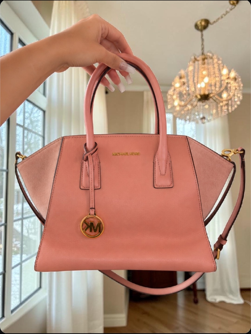 Michael Kors Avril Large Blush Pink Leather Satchel Crossbody Tote Bag Gold Hard
